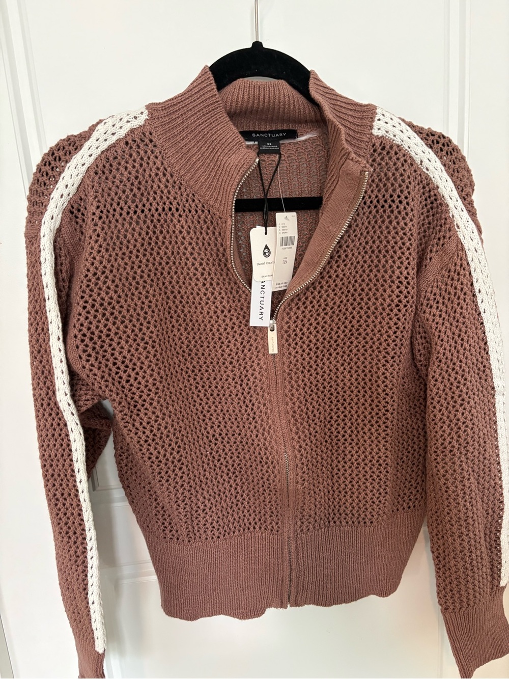 Anthropologie Open-Knit Zip Cardigan in Dusty Rose with White Stripe